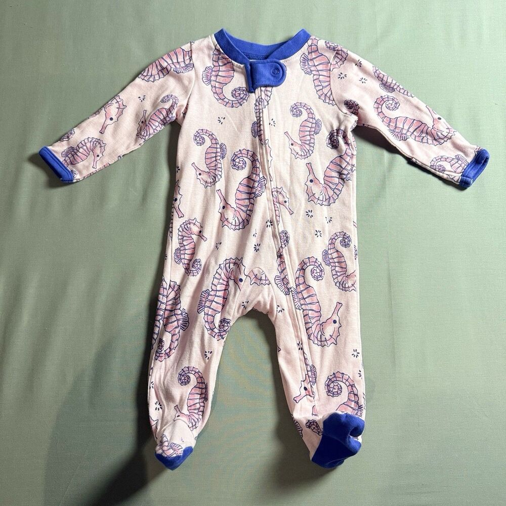 Honest Baby Clothing One Piece Pajamas Zip Up Footies Sea Horses Pink Organic